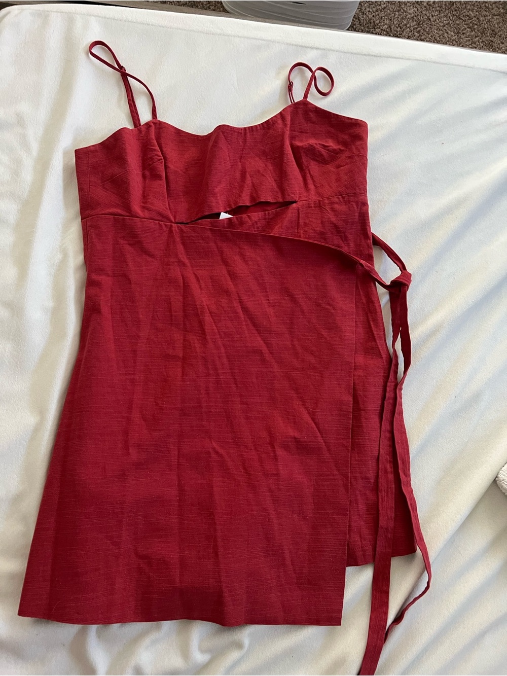 La Hearts Crimson Spaghetti Strap Wrap Mini Dress